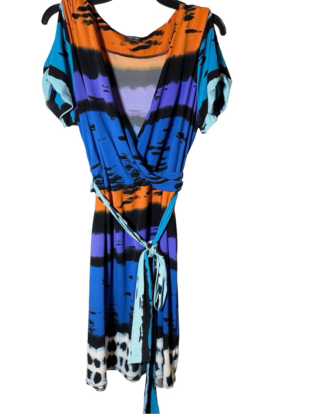 Vibrant Multi-Color Nicole Miller Cold Shoulder Dress with Tie Waist